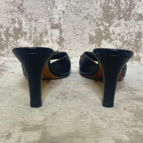 Prada Buckle Front Open Toe Leather Mules in Black - Picture 3 of 9